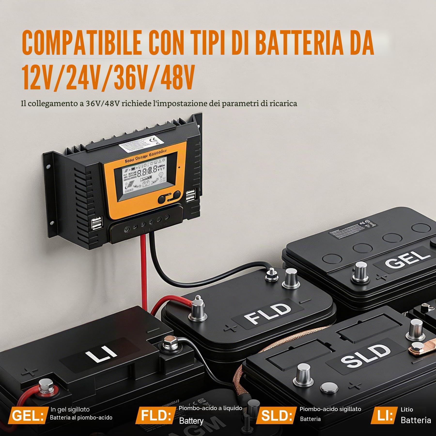 30A Regolatore di Carica Solare 12V 24V 36V 48V Con Bluetooth, PWM 30A Regolatore Carica Solare con sensore temperatura, 4 porte USB, LCD Display, Adatto varie LI SLD FLD GEL AGM Batteria