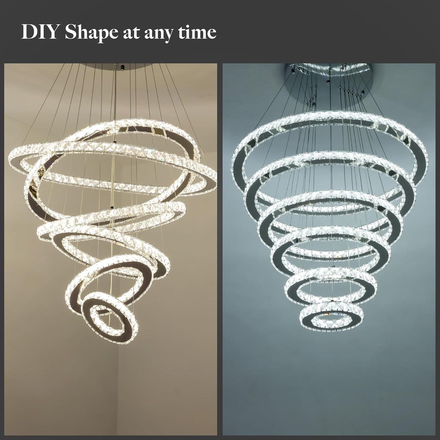 Dimmable Crystal LED Chandelier(3000-6500K) for High Ceiling – Remote Control, Adjustable Height, Modern Stainless Steel Fixture for Foyer, Staircase, Living Room(Chrome 6-Ring)