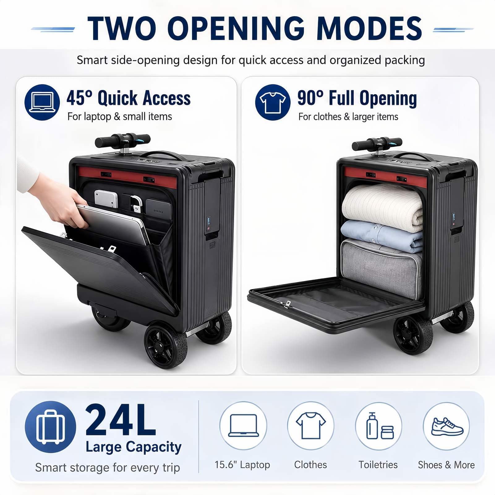 Valigia elettrica da 24L, valigia cavalcabile，Porta di ricarica USB | lucchetto TSA, design del monopattino da viaggio pieghevole, per viaggi aerei, aeroporti e viaggi di lavoro(gray)