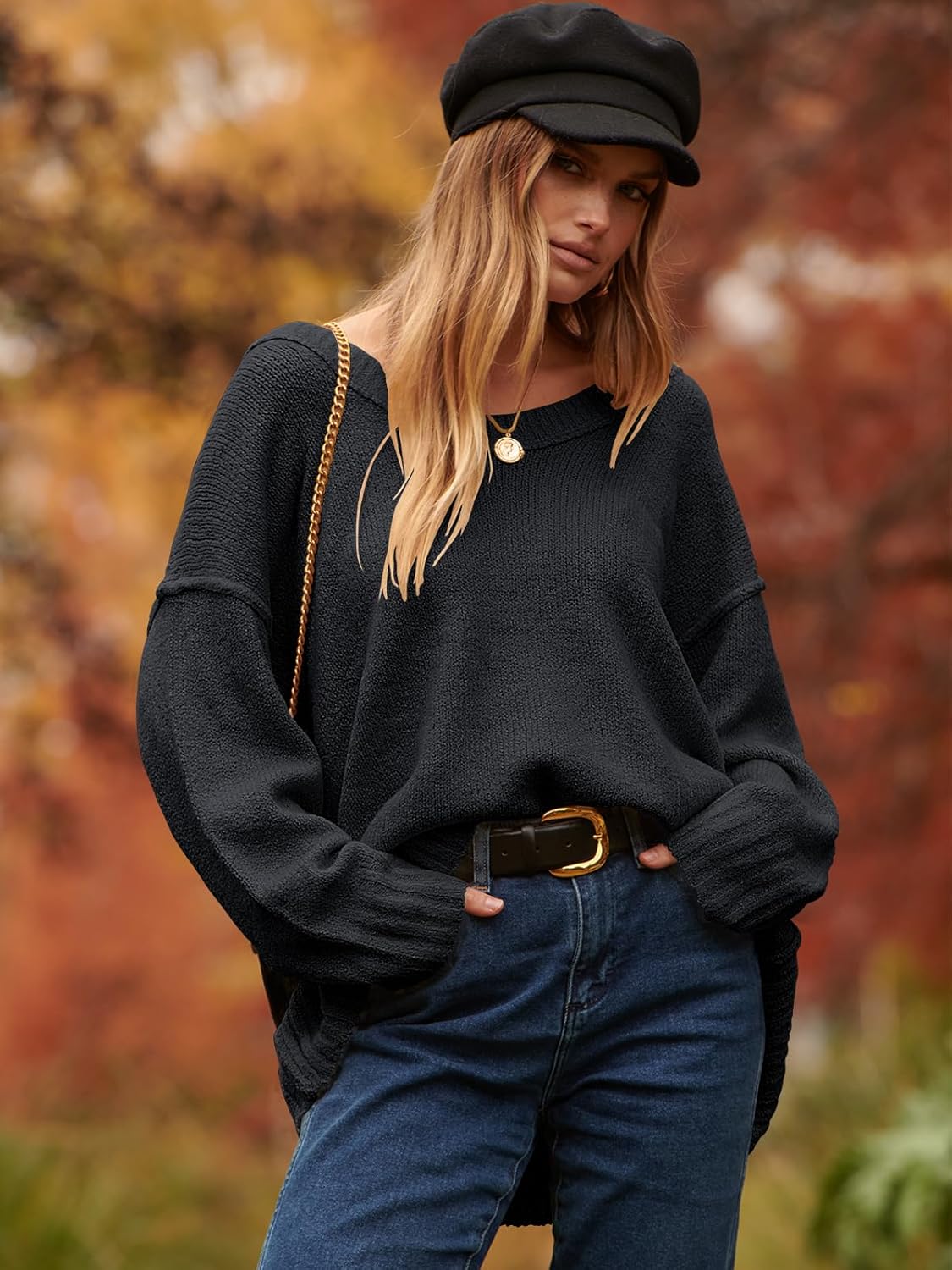 ANRABESS Women's Oversized Casual Loose Slouchy Scoop V Neck Batwing Long Sleeve Knit 2025 Fall Pullover Sweaters - Image 2