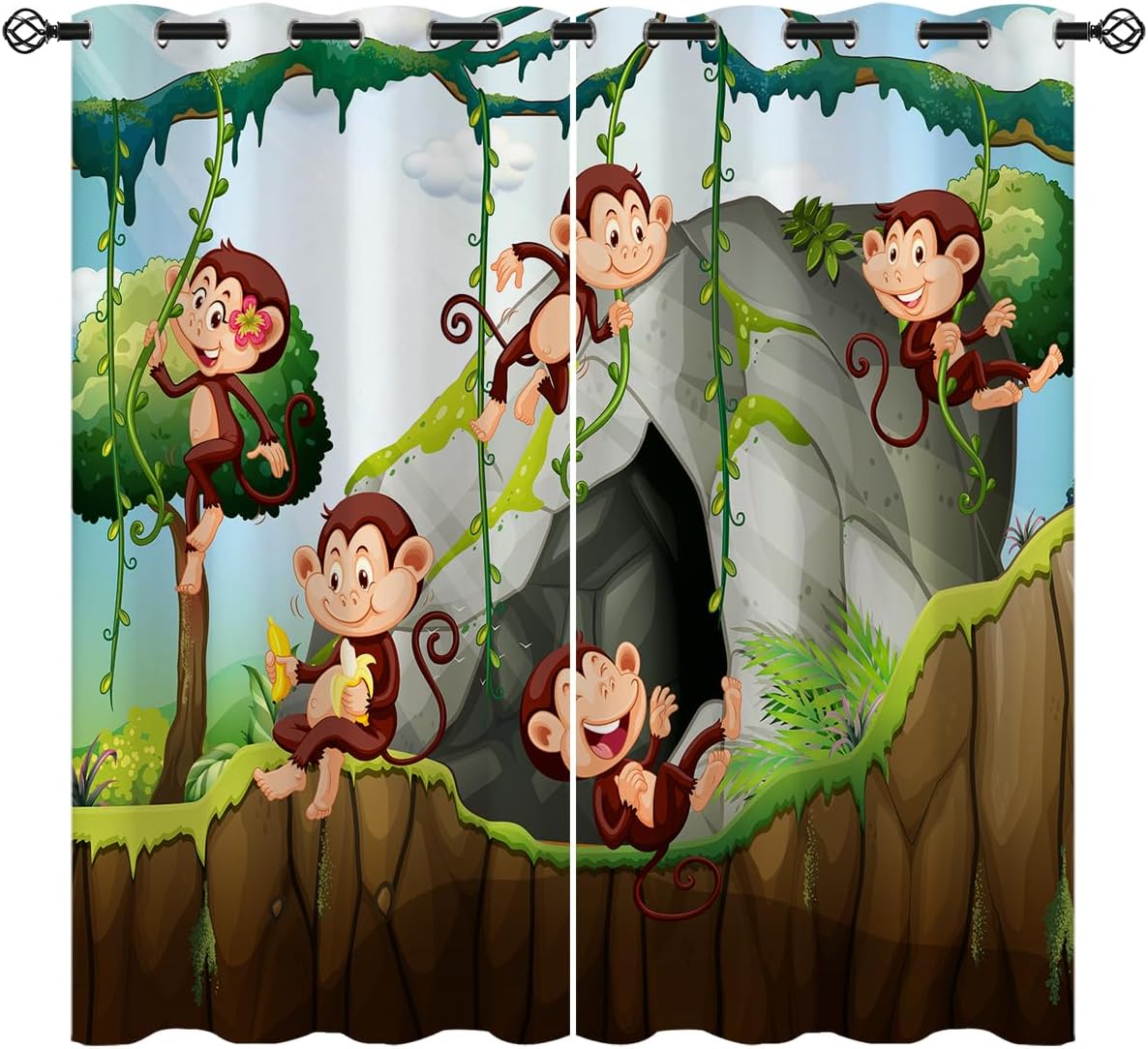 Funny Monkey Blackout Curtains for Girls Boy Home Decor, Nature Forest Wildlife Cartoon Animals Grommet Thermal Insulated Drapes Darkening Window Curtain for Bedroom Living Room, 63 x 63 Inch