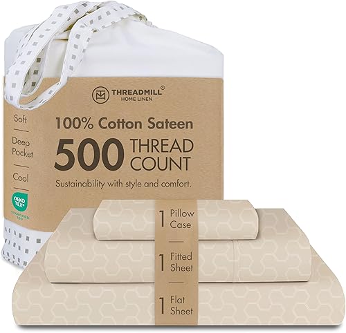 Threadmill Juego de sábanas de algodón de 500 hilos, tamaño individual XL, color beige claro, juego de ropa de cama de 3 piezas con bolsillo