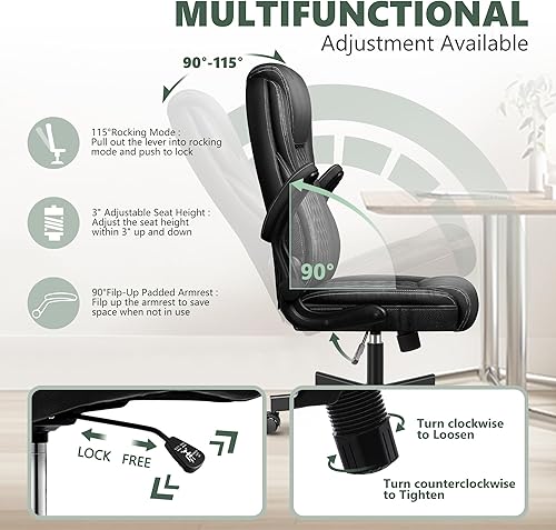 Miniatura 4 de BestEra Silla de oficina ejecutiva ergonómica de cuero, silla ancha de oficina en casa con brazo abatible ajustable, silla de escritorio para