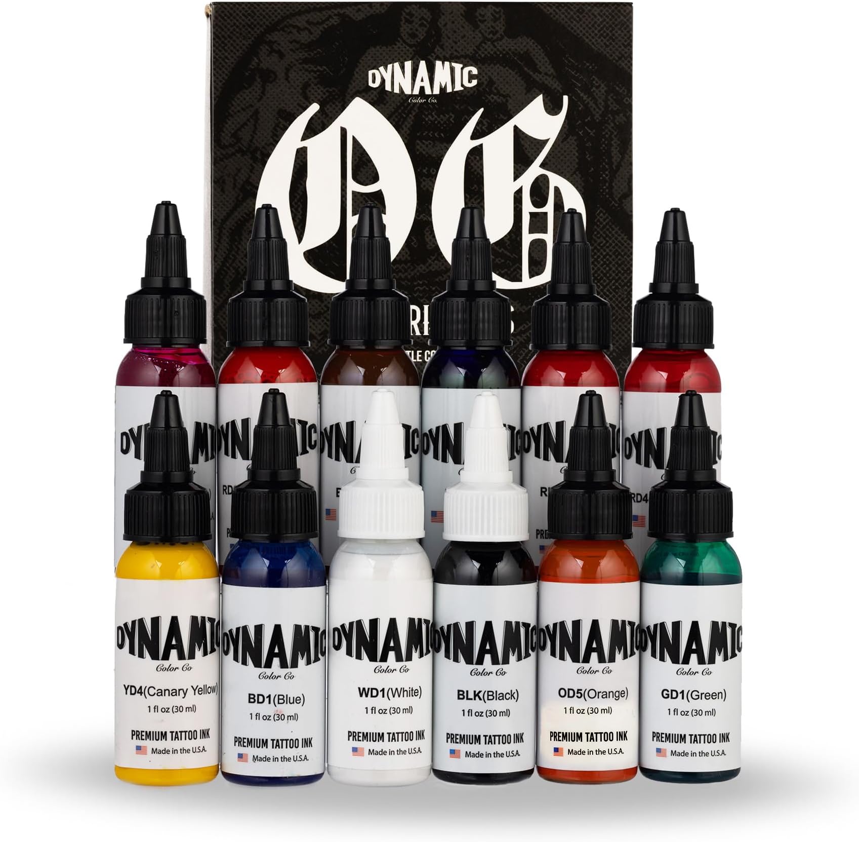OG Tattoo Color Ink Set – 12 Sterilized 1oz Bottles – Made in USA Since 1990 – Essential Colors: Red, Blue, Yellow, Green, Violet, Black & White