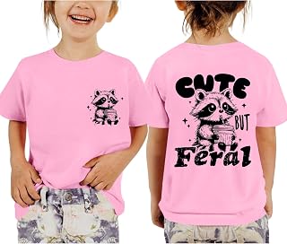 Pairxily Cute But Feral Shirt for Girls Kids Funny Raccoon Graphic Tees Printed Cotton Summer Short Sleeve Tops