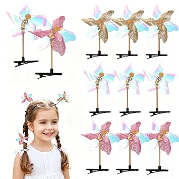 KALLORY 11pcs Colorful Windmill Hair Clip, Sparkly Funny Pinwheel Hairpins, Cute Sprout Clip for Kids Birthday Party, Hair Accessories for Girs Stylish Hairstyles
