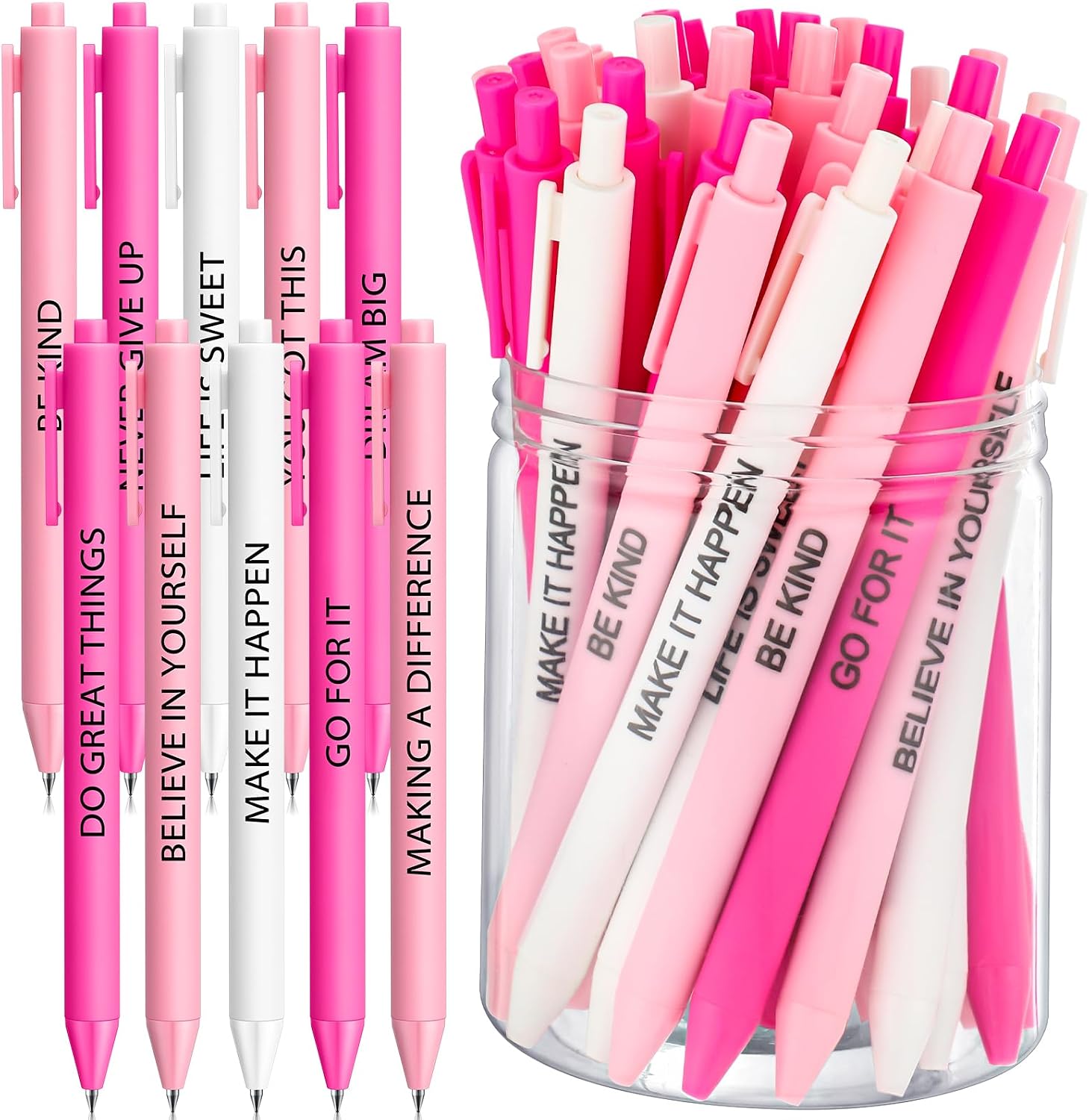 Crtiin 50 Pcs Motivational Gel Ink Pens Bulk with Different Inspirational Quotes Cute Pink Inspirational Ballpoint Pens Bulk Smooth Writing for Thank You Gifts Women Lady Coworkers Staff Volunteer