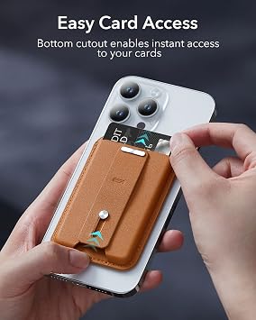 ESR MagSafe cüzdan, saplı parmak halkası, vegan deri, mıknatıslı cüzdan, iPhone 17/16/15/14/13/12 serisi için, Google Pixel 10/Pro/Pro XL için, 13/12 mini için değil, 3 kart tutucu, kahverengi