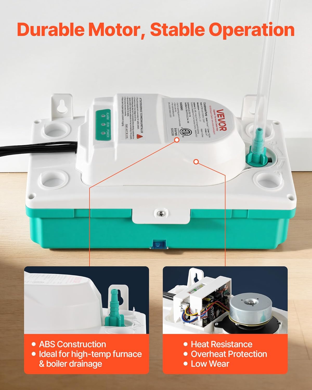 VEVOR Condensate Pump, 1/24 HP, 110 GPH, 24 ft Lift, 100-240V Automatic AC Condensation Removal Pump with Safety Switch & 20 ft Tubing, for Air Conditioner, Dehumidifier, HVAC, Furnace, Ice Maker