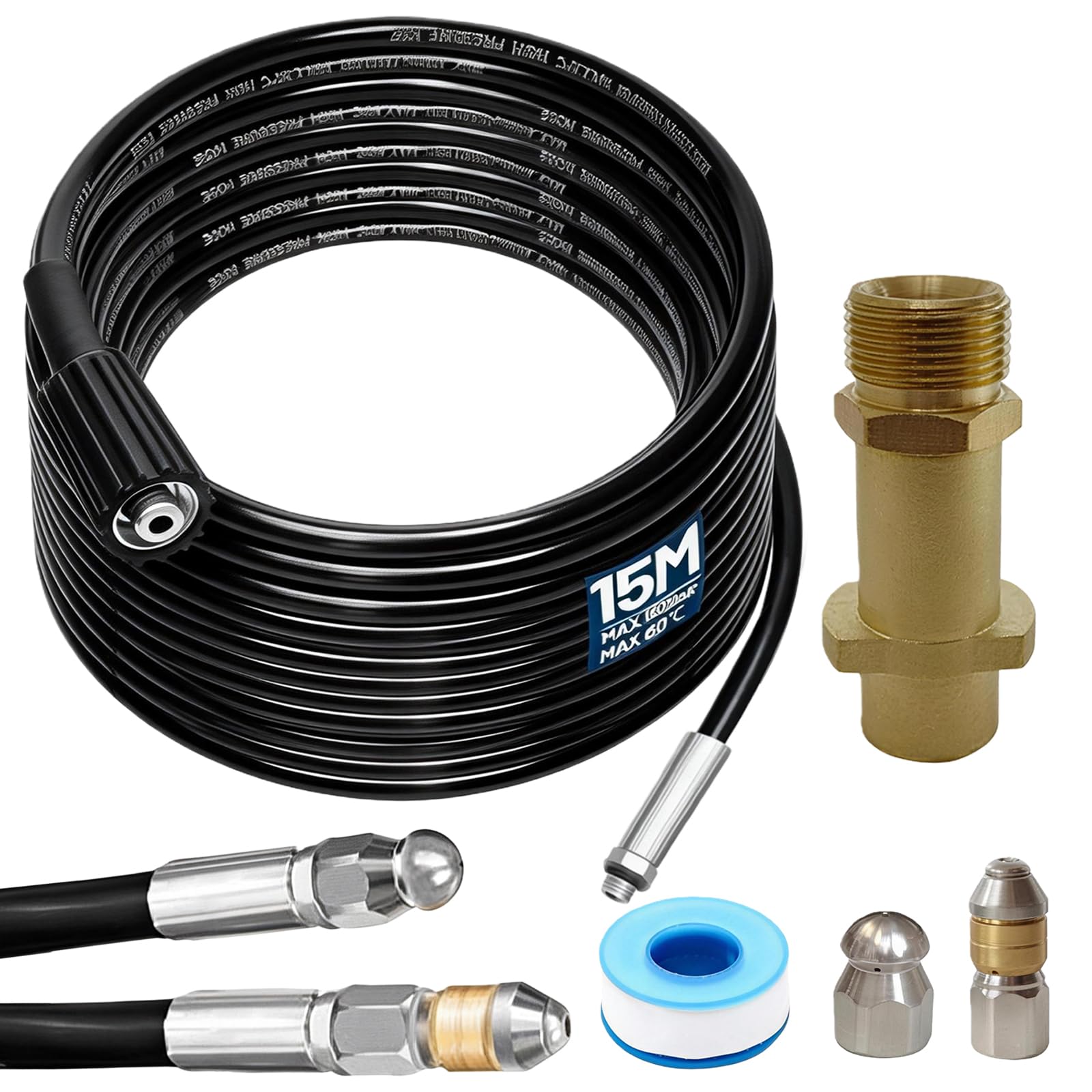 15M Tuyau de Nettoyage Haute Pression, 180 Bar 60°C Tuyau Déboucheur Canalisation avec Adaptateur M22, Buse Fixe/Rotative, Kit Furet Professional Compatible avec les Nettoyeurs Haute Pression K2-K7