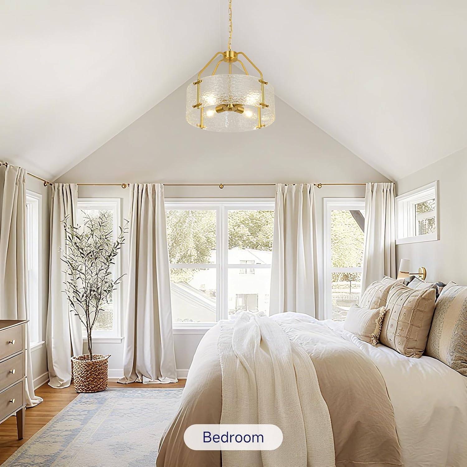 Modern Brushed Gold Chandeliers for Dining Room: 17.7'' Drum Textured Glass Entryway Lights Fixture Hanging - 4 Light Kitchen Chandelier Over Table - Crystal Round Chandelier for Bedroom Fallway Foyer