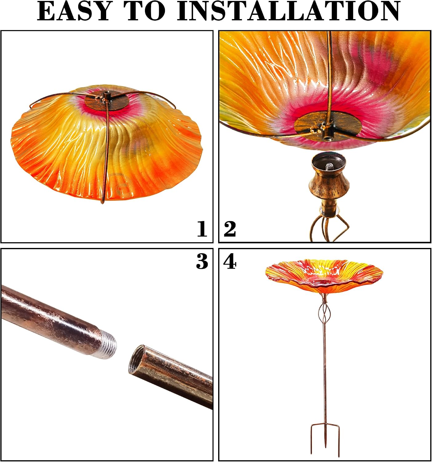 BEBEKULA Glass Bird Baths for Outdoors, 31" Height Bird Bath Bowl birdbaths for The Garden with Metal Stake (Red)