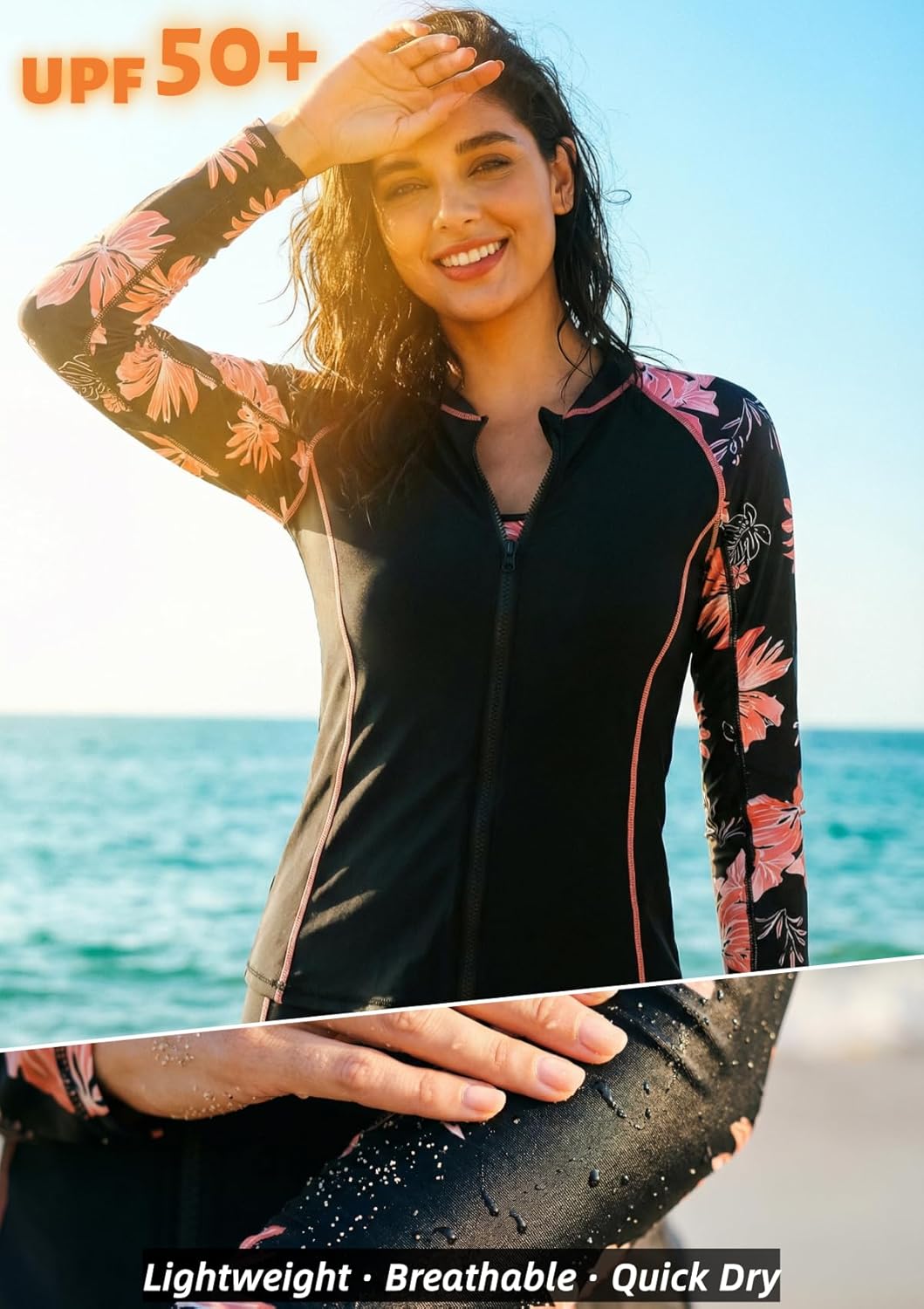 Daci Women 3 Piece Rash Guard - 3PC Long Sleeve Zip up Swim Shirt Sports Bra Modest Swimsuit with Shorts