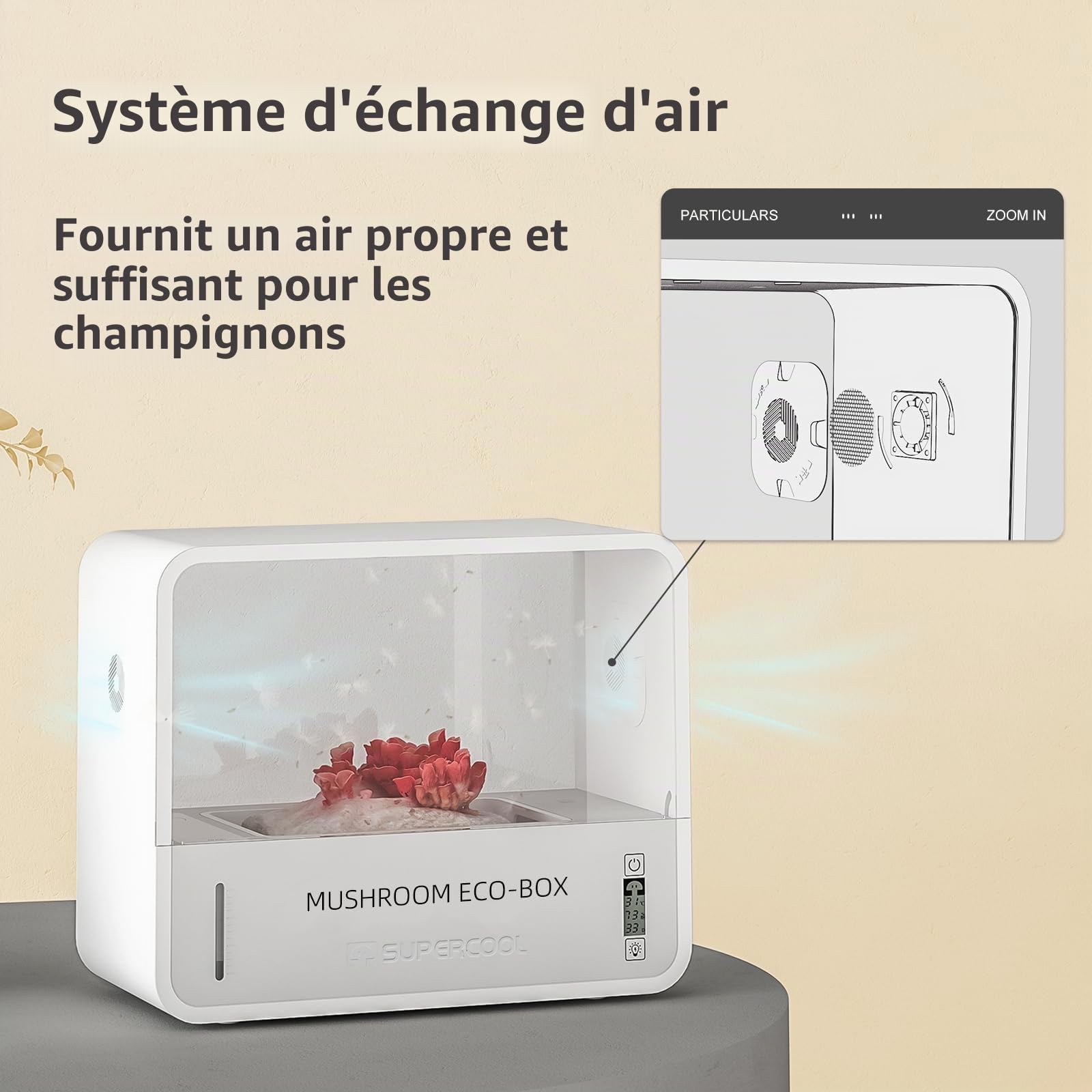 Boîte de culture de champignons avec affichage de la température et de l'humidité, kit de culture de champignons intelligent monotub, tente de culture de champignons d'intérieur avec lumière