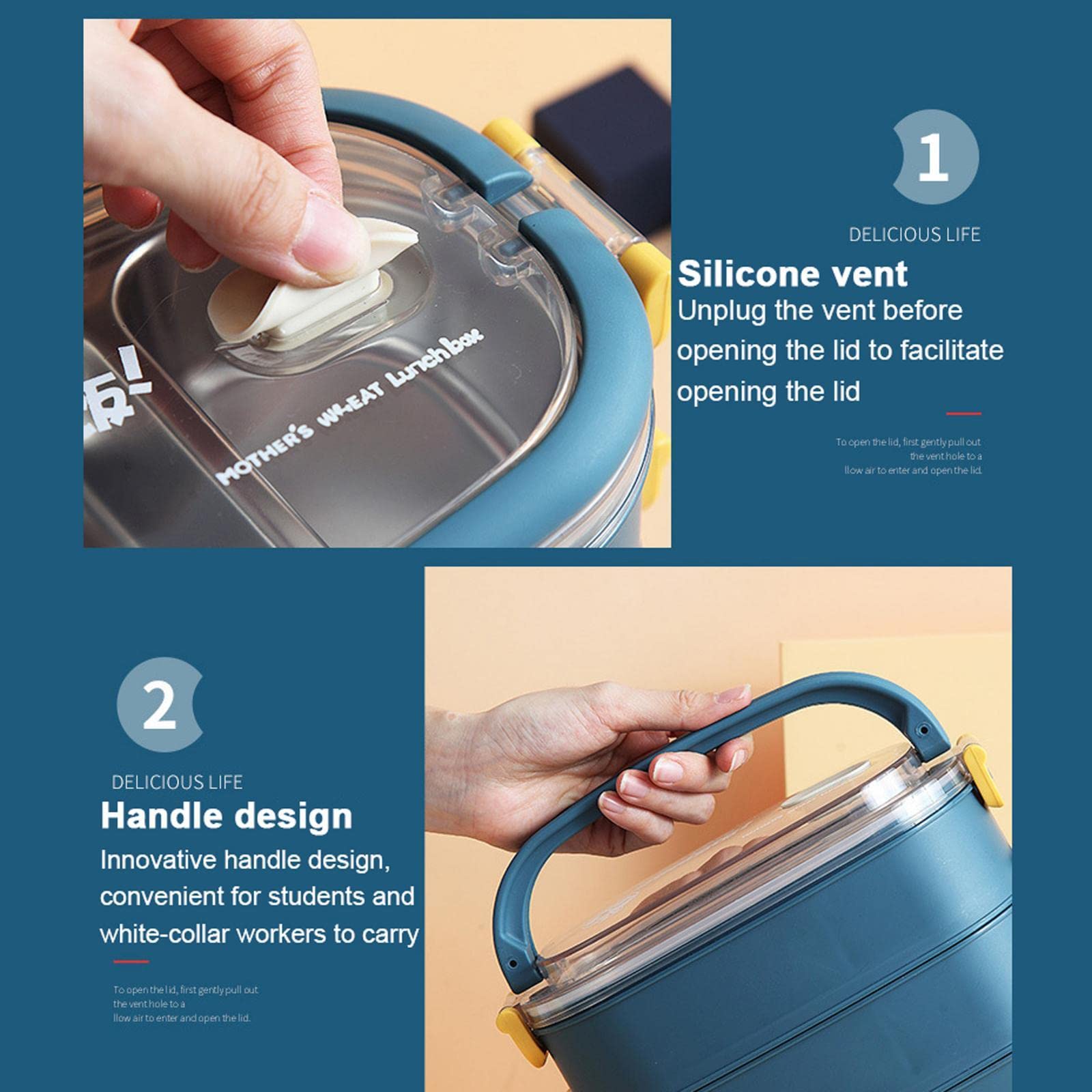 Bento-Box, auslaufsicher, BPA-frei, Edelstahl, Thermo-Lunchbox, Picknick, Reisen, 2-lagig, blau, dunkelblau, 2 Stück