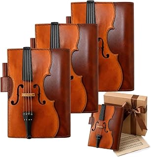 Vintage Violin Leather Notebook, Retro Refillable Journal with Musical Cover Handmade PU Leather Writing Pad Hardcover Executive Diary 200 Lined Pages. (3PCS)