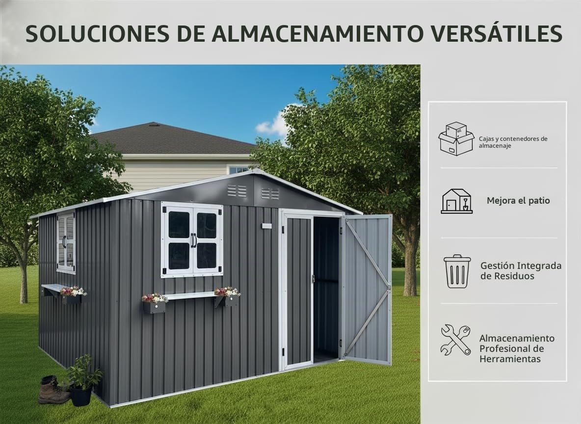Caseta de jardín de 7,19 m² de acero galvanizado, con 2 ventanas abiertas, puertas con cerradura y estante para flores, resistente al agua para jardín, terraza, patio trasero, color gris