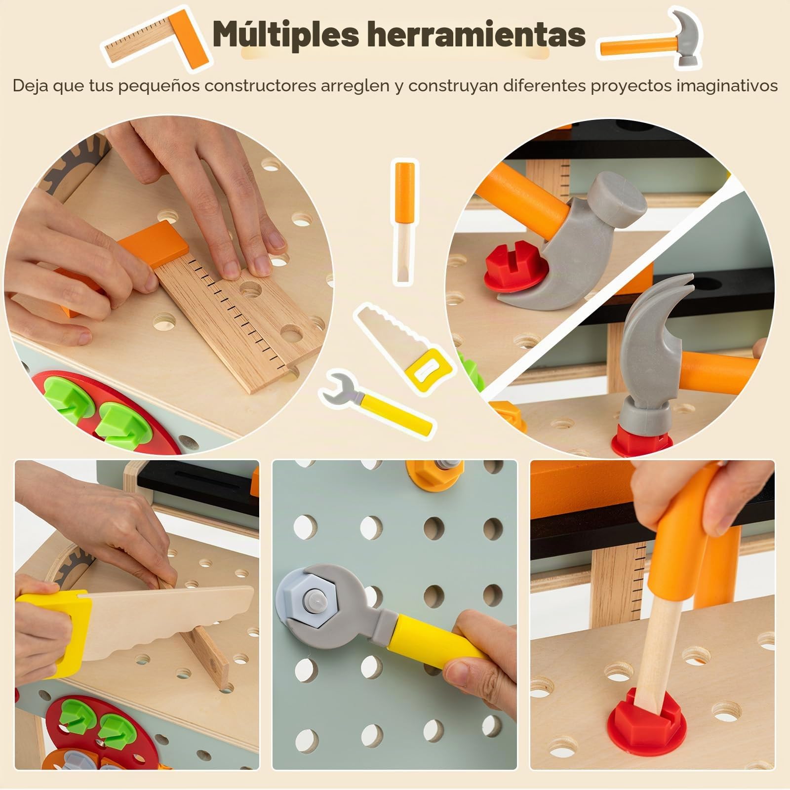 HOMASIS Banco Herramientas de Madera Juguete, Taller Mecanico Montessori con Juego de Herramientas y Espacio de Almacenamiento, Regalo Manualidades y Educativo para Niños y Niñas de 3+ Años