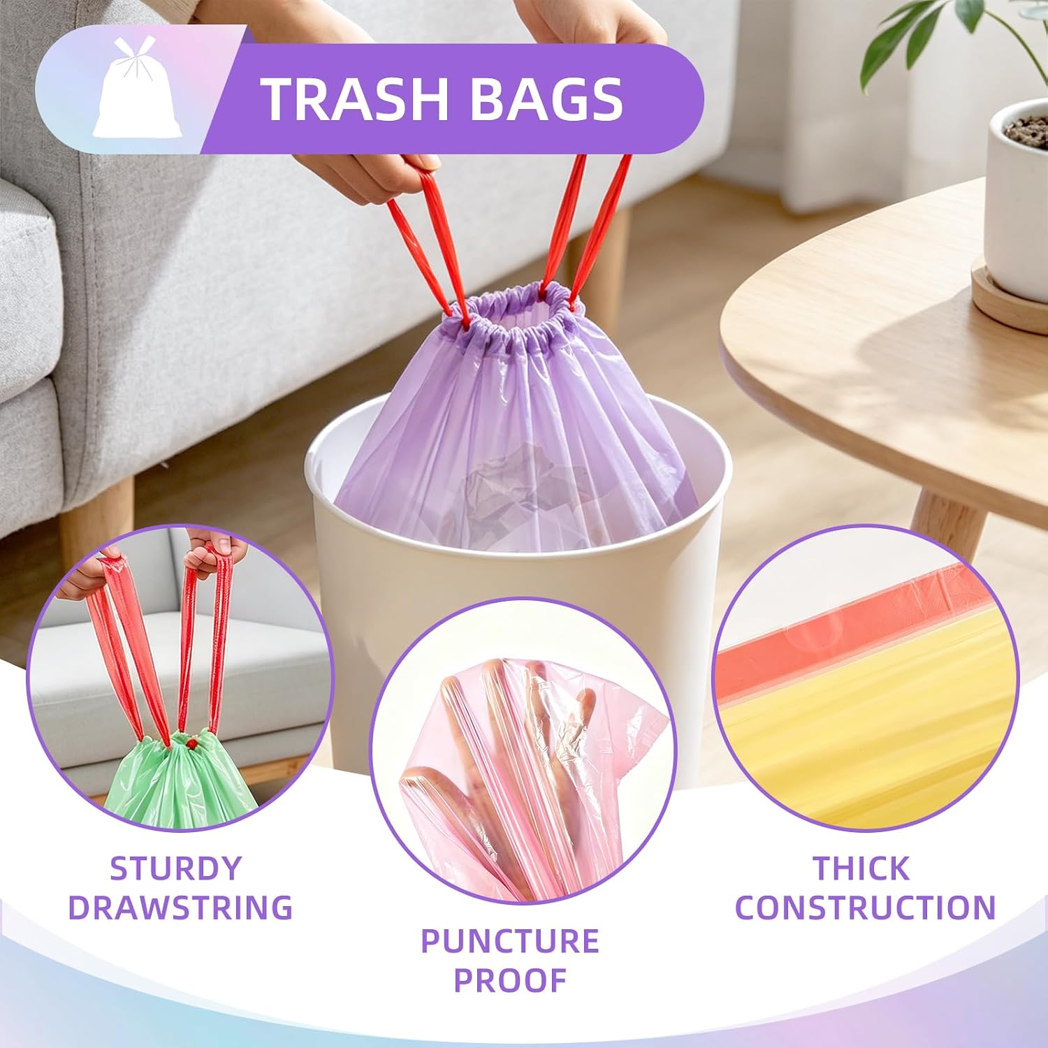 1.2 Gallon Trash Bags, 100 Count Drawstring Small Garbage Bags Thick Pre-separated Unscented Trash Can Liners for Bathroom Office Kitchen Bedroom Home Multi Colored