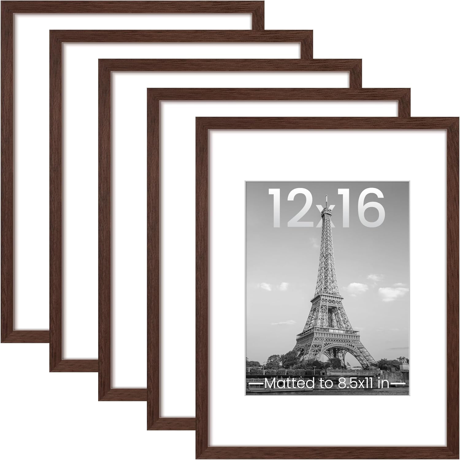 upsimples 12x16 Picture Frame Set of 5, Display Pictures 8.5x11 with Mat or 12 x 16 Without, Wall Gallery Poster Frames, Brown