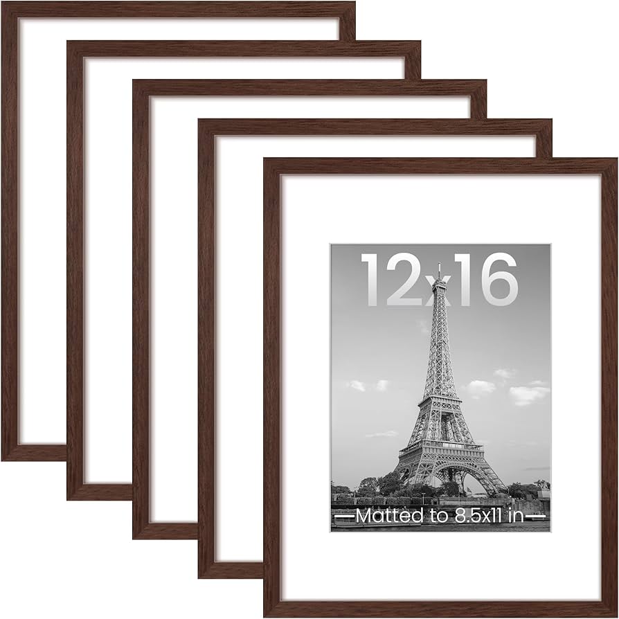 upsimples 12x16 Picture Frame Set of 5, Display Pictures 8.5x11 with Mat or 12 x 16 Without, Wall Gallery Poster Frames, Brown