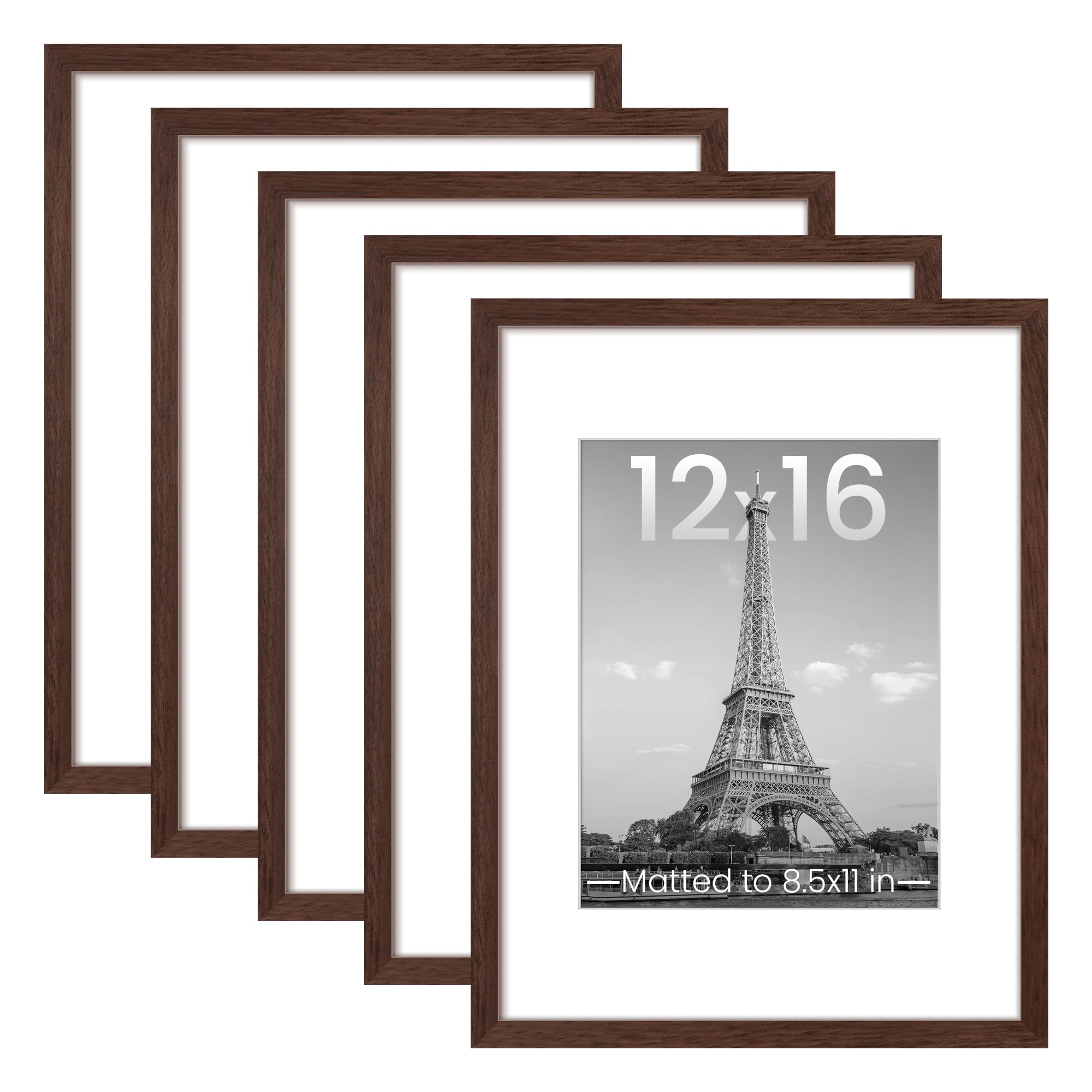 upsimples 12x16 Picture Frame Set of 5, Display Pictures 8.5x11 with Mat or 12 x 16 Without, Wall Gallery Poster Frames, Brown