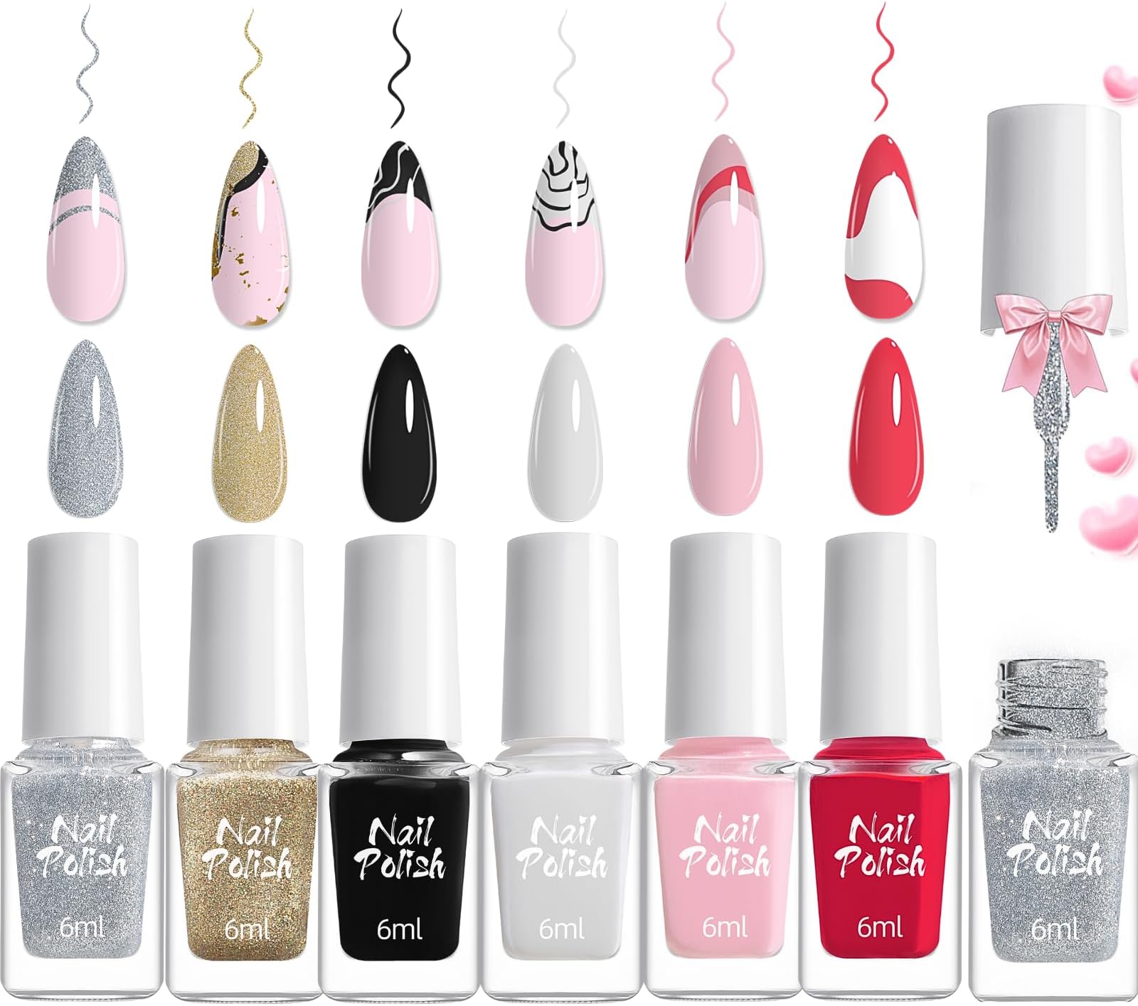 6pcs Nail Polish Liner - Quick Dry Nail Varnish with Thin Brush - 3D Effect French Tip Nail Polish - DIY Painted No UV Needed Nail Art Kit Gift for Girls