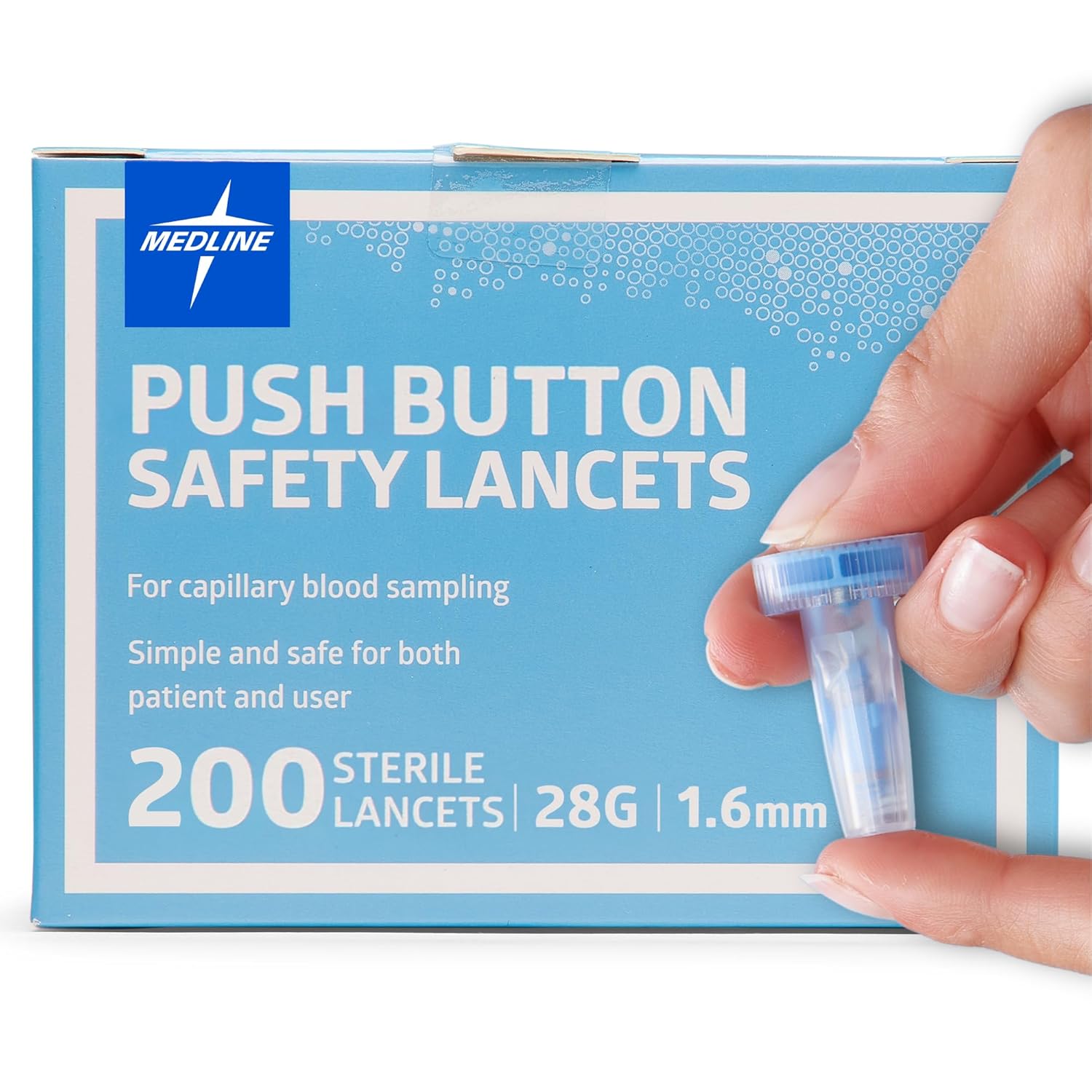 Medline Sterile Safety Lancets with Push-Button Activation, 28G x 1.6 mm, Box of 200: Dependable Blood Sampling Device for Blood Glucose Testing
