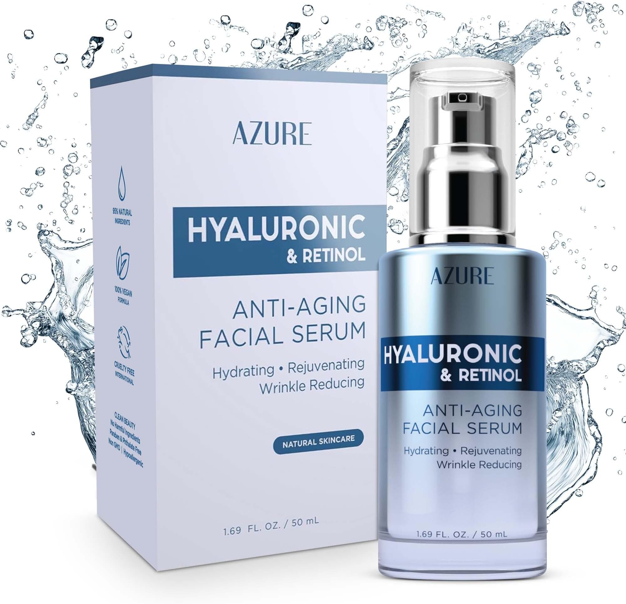 Azure Cosmetics Hyaluronic & Retinol Anti Aging Facial Serum - Hydrating, Anti Aging & Rejuvenating | Reduces Wrinkles, Fine Lines & Creases | Evens & Restores Skin Tone | Made in Korea - 50mL