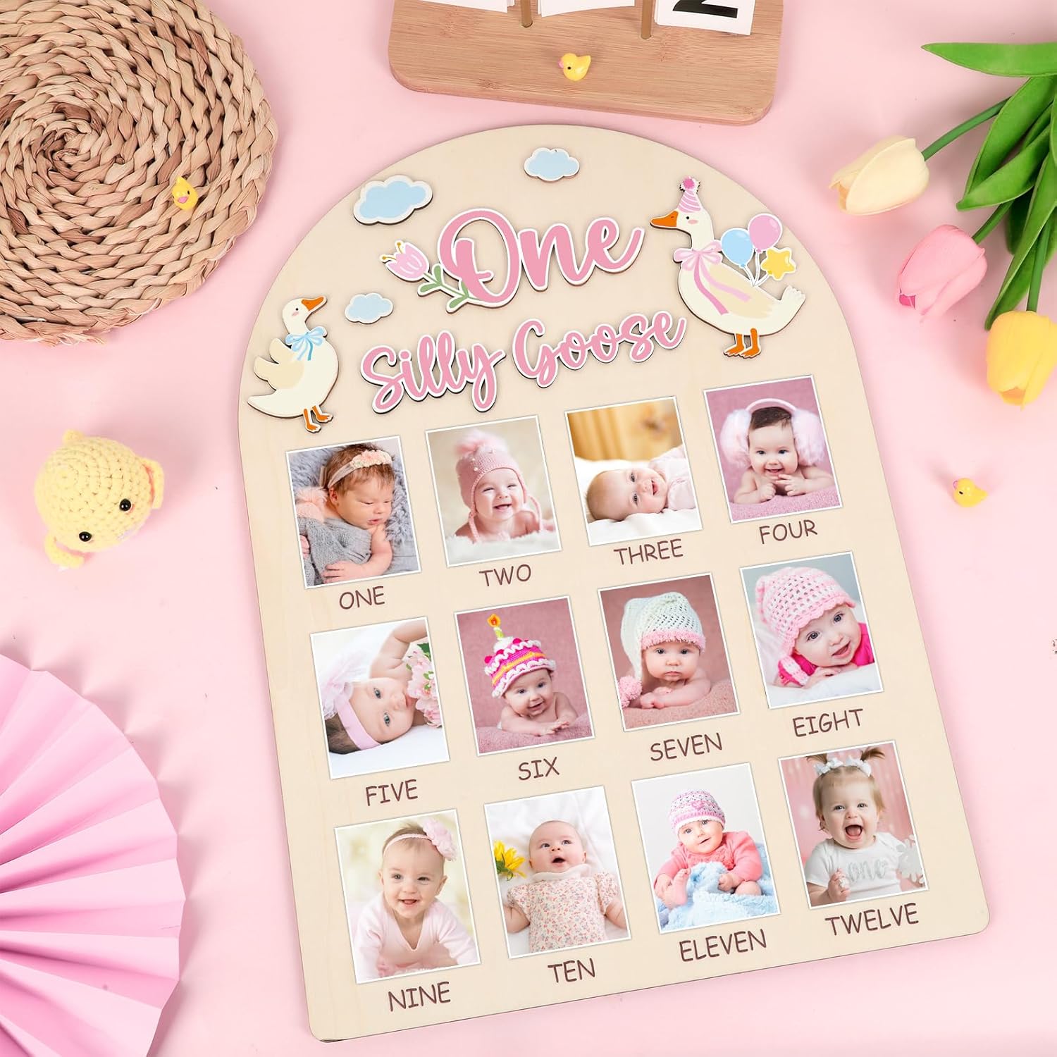One Silly Goose Photo Board Goose Themed Birthday Party Decoration Wooden Board 12 Monthly Milestone Picture Frame One Year Old 1st Birthday Banner for Baby Girl Keepsake Gift Supply(Fit 2x2.8in Pic)