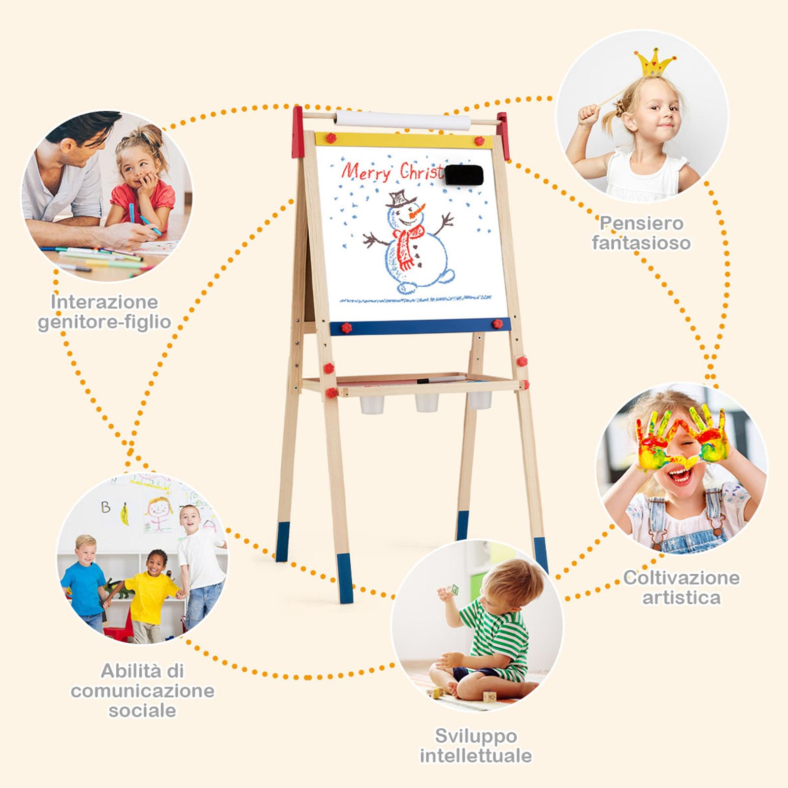 COSTWAY Cavalletto per Bambini 3 in 1, Lavagna Bifacciale, Cavalletto per Disegnare, con Rotolo di Carta, Lavagna Bianca Magnetica, Accessori Completi, in Legno (60x55x(112,5-124,5) cm)