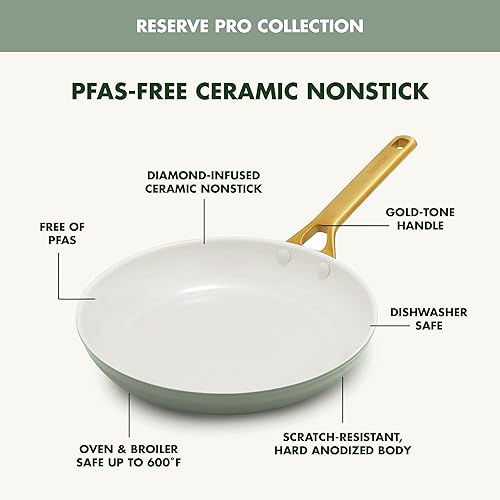 Miniatura 5 de GreenPan Sartén antiadherente Reserve Pro de 8 pulgadas, cerámica certificada NSF, sartén anodizada dura sin PFAS, asas de acero inoxidable, apto