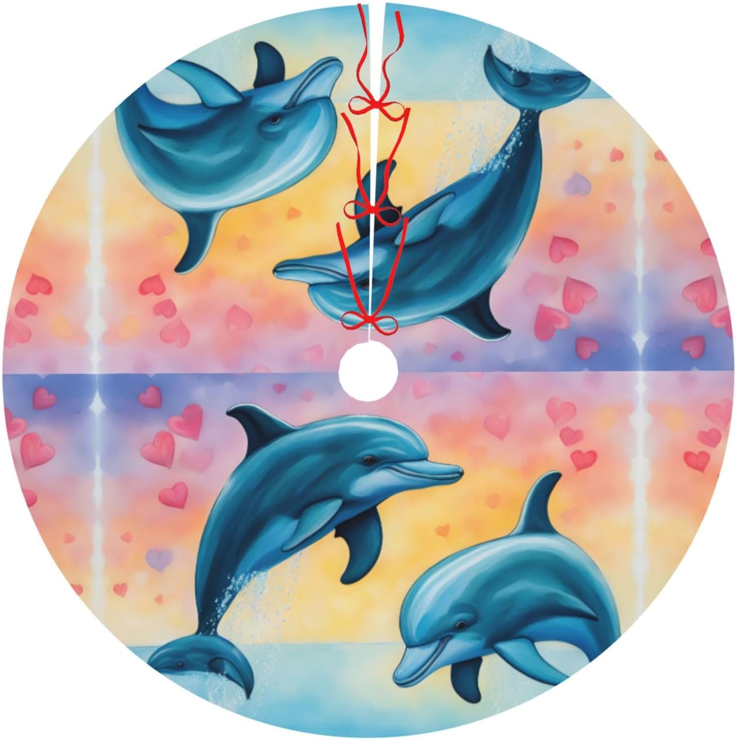 Dolphins in Love Pattern,Merry Christmas Tree Skirt,Xmas Tree Skirt 36 Inch for Indoor Outdoor Decor