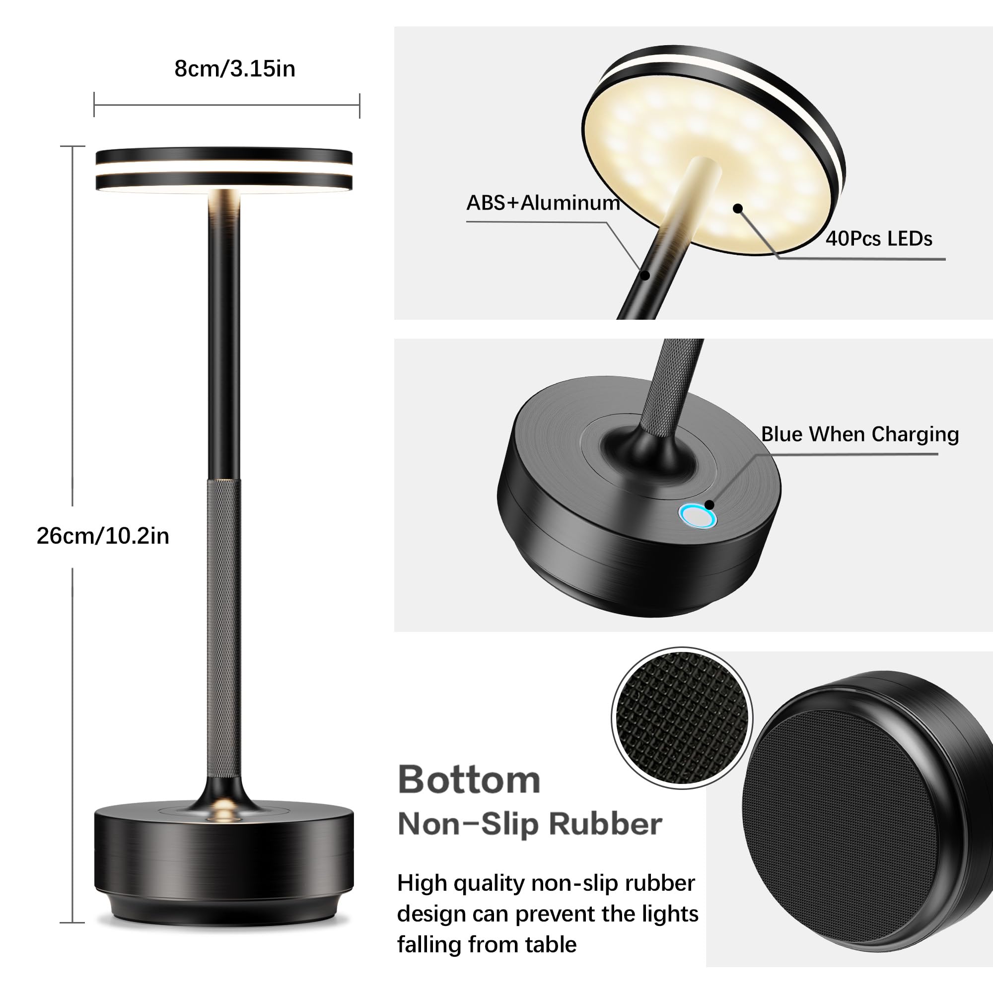 LED Akku Tischlampe, Modern Dimmbar 5000mAh Tischleuchte 2 Stück | tischlampe USB Aufladbar, 3 Farbtemperatur für Outdoor Indoor Restaurant Nachttisch Terrasse, Aluminium Schwarz