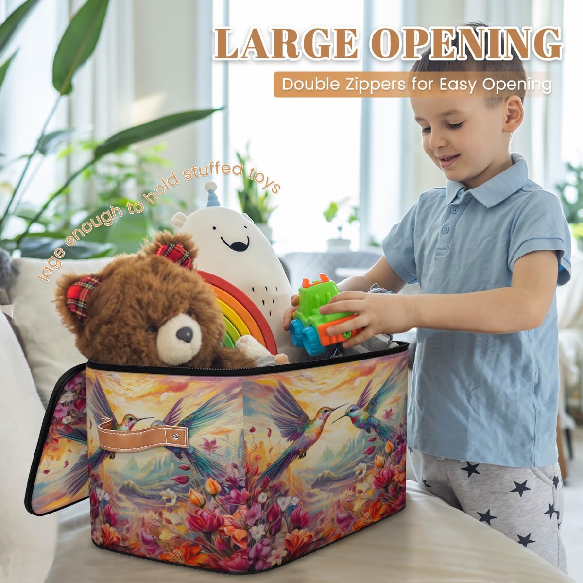 Storage Bin Set of 2 Colorful Hummingbirds Storage Basket with Zipper Lid & Handle Foldable Closet Shelf 2 Pack Cloth Organizer Basket Cube Bins Clothes Organizer for Bedroom, Nursery