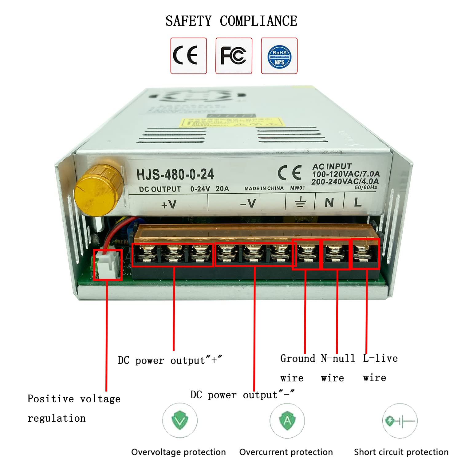 Lianshi trasformatore AC-DC 0-24V regolabile 20A-480W tensione display digitale Alimentazione switching regolata DC Adatto per motori di controllo della velocità DC, sistemi di stampanti 3D