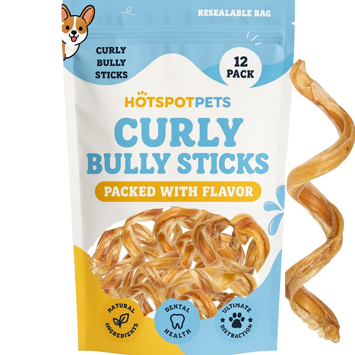 hotspot pets Curly Spring Bully Sticks for Dogs - (12 Pack) Premium All Natural Long Twisted Beef Pizzle Dog Chew Treats - Grain Free Fully Digestible Rawhide Alternative - 6 Inch Stix