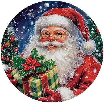 Round Metal Sign Santa Metal Tin Sign Retro Vintage for Wreath Winter Home Yard Garden Bar Cafe Decor 8 Inch