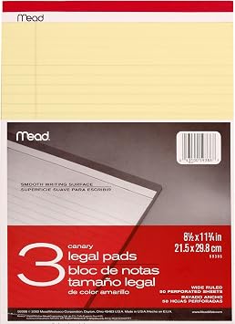 Mead Legal Pads, Wide Ruled Paper, 8-1/2 x 11-3/4, 50 Sheets, Memo Pads, Note Pads, Steno Pads, 3 Pack (59386)