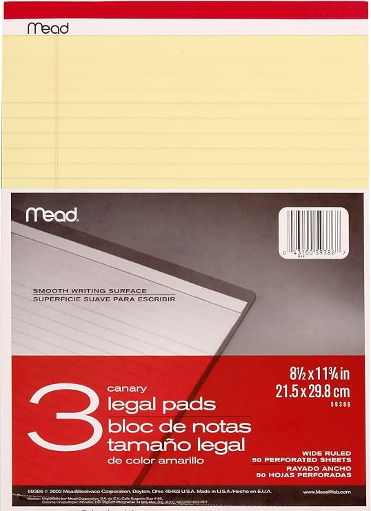 Mead Legal Pads, Wide Ruled Paper, 8-1/2 x 11-3/4, 50 Sheets, Memo Pads, Note Pads, Steno Pads, 3 Pack (59386)