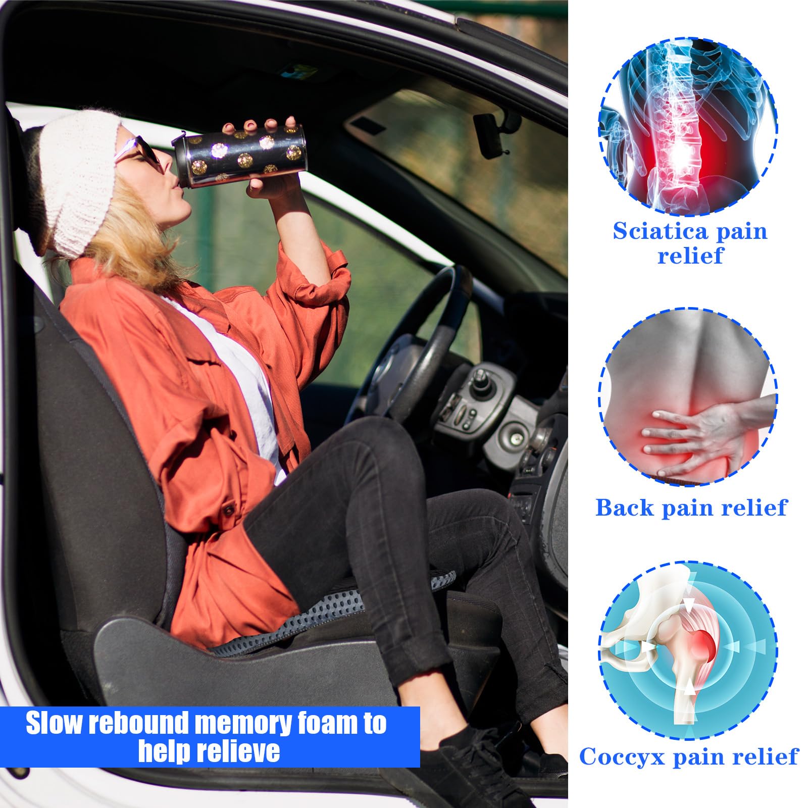 Cuscino Sedia, Cuscino per Wedile a Cuneo Dell'Auto, Cuscino per Sedile Auto con Fondo Antiscivolo, Adulti Rialzo Cuscini Ergonomico in Memory Foam, Cuscini per Auto Seduta Guidatore (Nero)