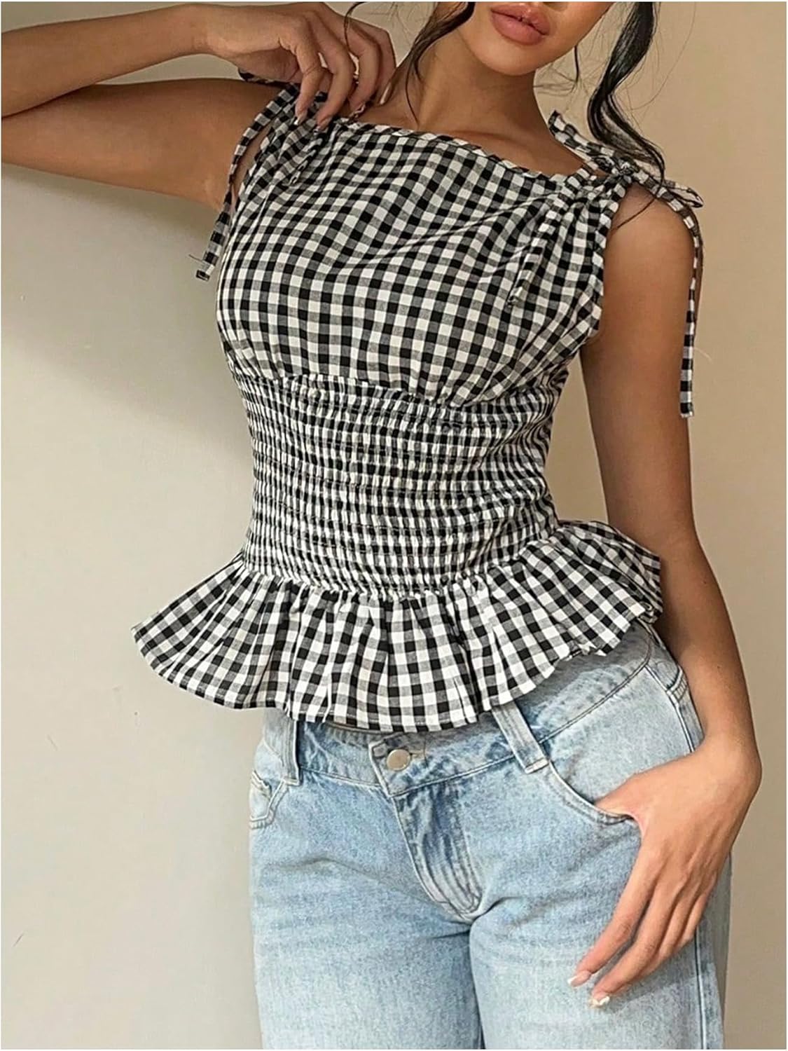 SHENHE Women's Gingham Plaid Ruffle Peplum Tank Smocked Tie Shoulder Vintage Shirt - Image 5