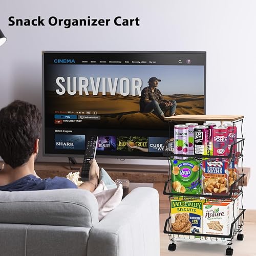 Miniatura 8 de Carrito de cocina con ruedas y parte superior de madera, organizador de cesta de alambre de 4 niveles para frutas, verduras, despensa, apilable,