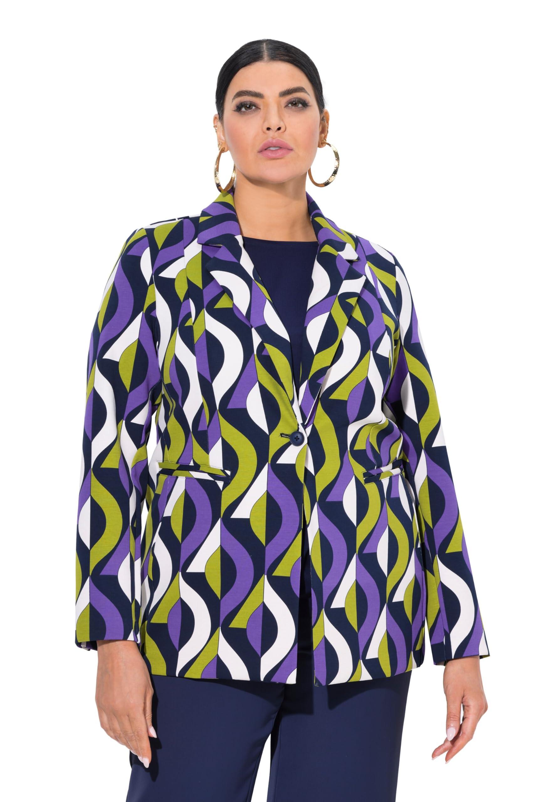 Ulla Popken Damen große Größen Übergrößen Plus Size Punto-Blazer, grafisches Muster, Reverskragen 842680