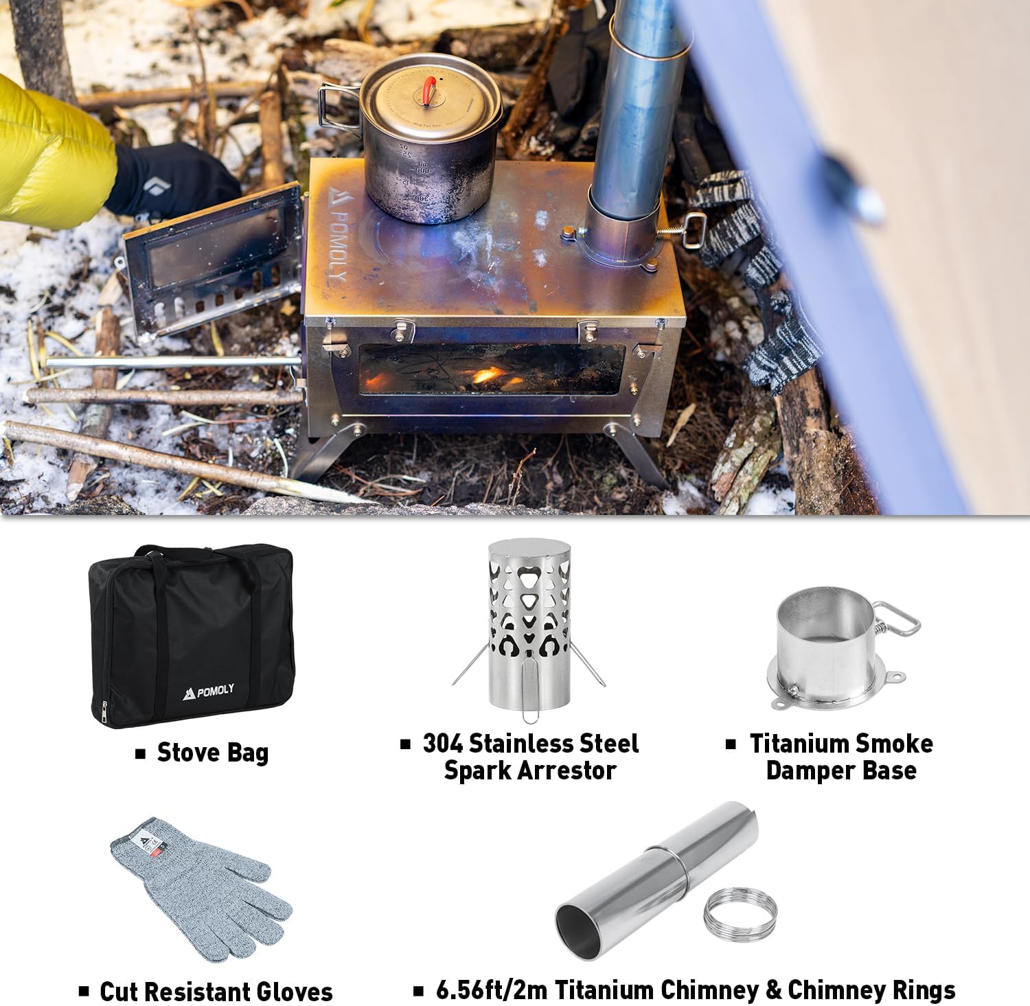 POMOLY Camping Wood Stove Hot Tent Stove, UltraFold Mini 0.6 Portable Lightweight Titanium Stove for Hiking, Cooking, Heating (Stove Pipe 6.56ft / 2m)