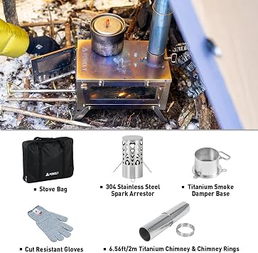 POMOLY Camping Wood Stove Hot Tent Stove, UltraFold Mini 0.6 Portable Lightweight Titanium Stove for Hiking, Cooking, Heating (Stove Pipe 6.56ft / 2m)
