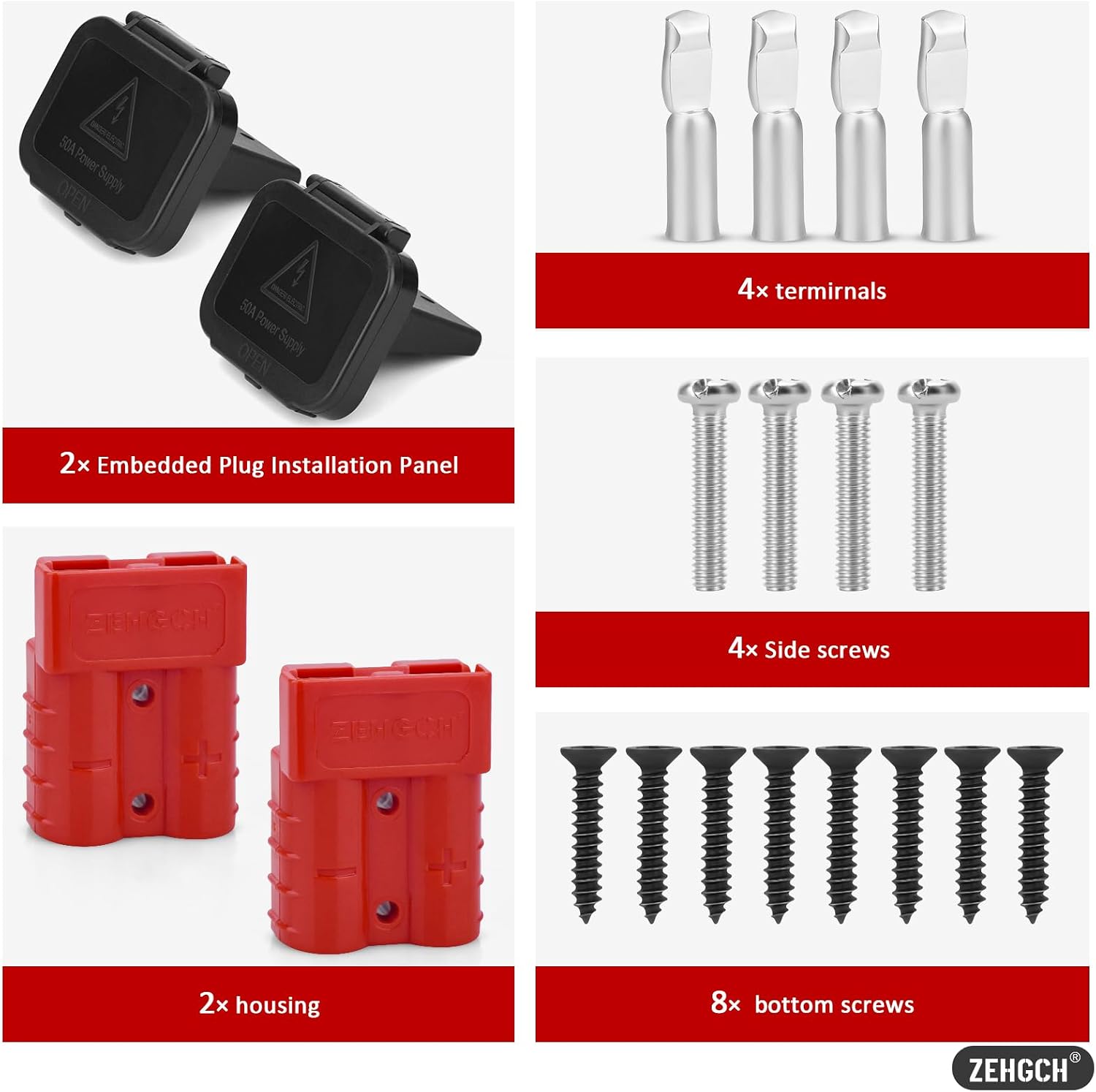 2PCS 12-36V Battery Quick Connect/Disconnect Electrical Connector Plug Kit with Flush Mount Dust Cover (Red,50A 6AWG)