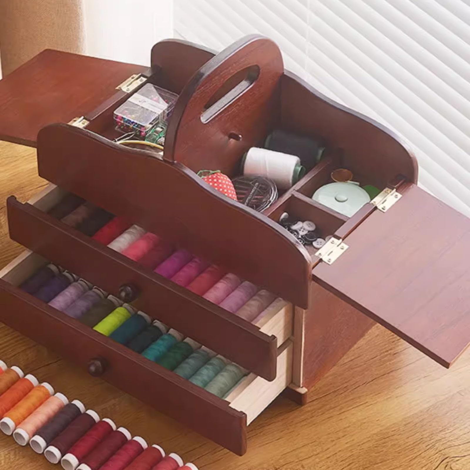 Näh-Aufbewahrungsbox Aus Holz, Tragbarer Nähkorb Zur Aufbewahrung Von Garnspulen, Mit Organizer-Fächern, 2 Schubladen, DIY-Nähzubehör-Zubehör (Leere Box)