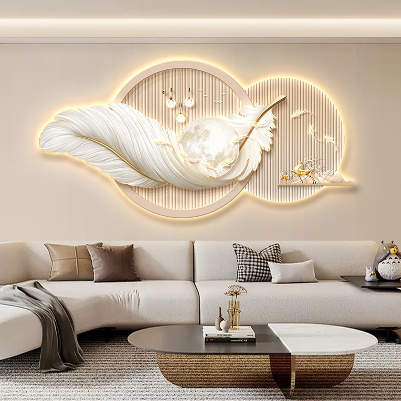 Nowoczesna dekoracja ścienna w kształcie pióra 3D z diodami LED, wisząca rzeźba ścienna, trójwymiarowy kreatywny obiekt do salonu i łazienki (L, 50 x 100 cm / 19,7