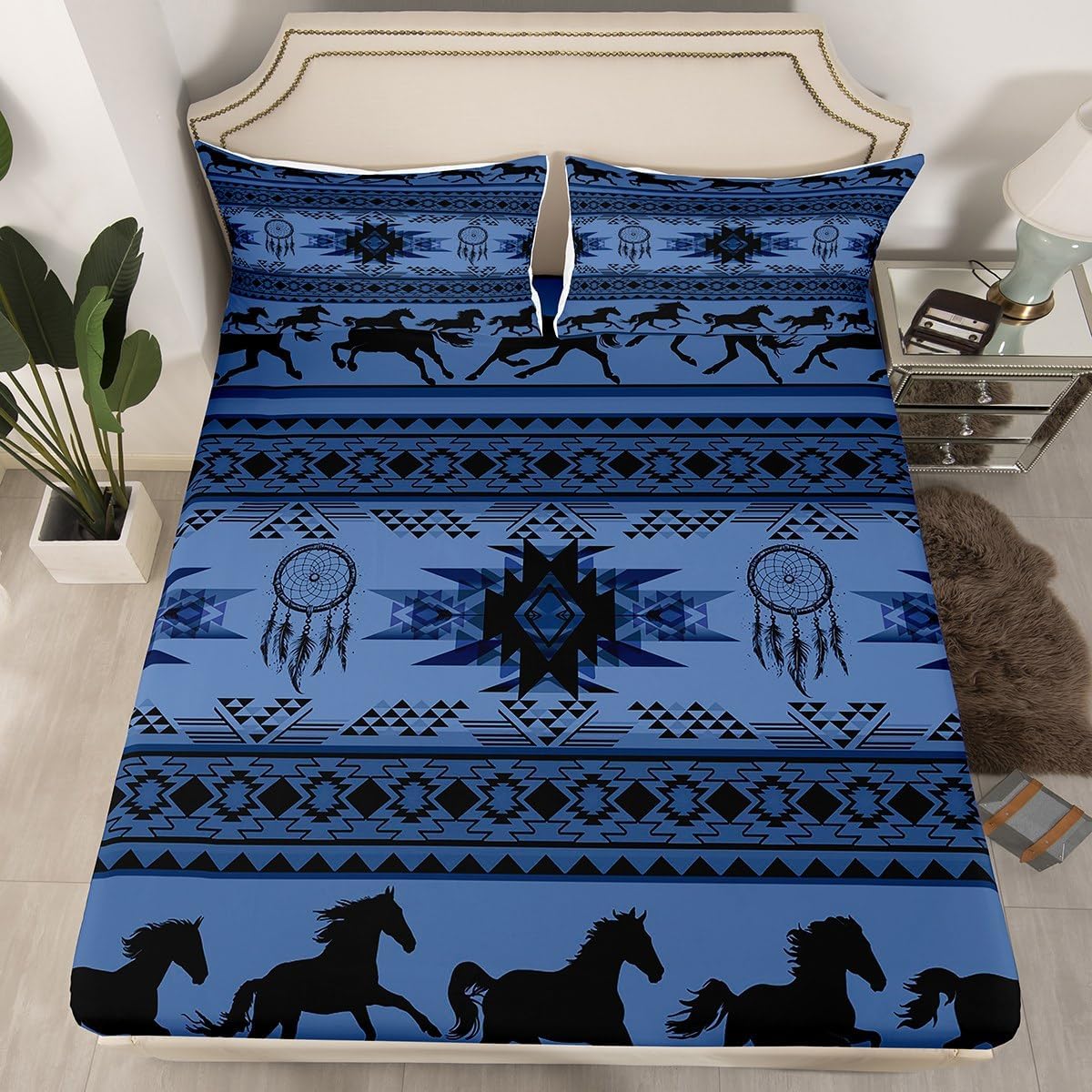 jejeloiu Boho Fitted Sheet Twin Size Kids Southwestern Native Aztec Bedding Set for Boys Girls Teens Southwest Native American Design Bed Sheets Set Navy Blue